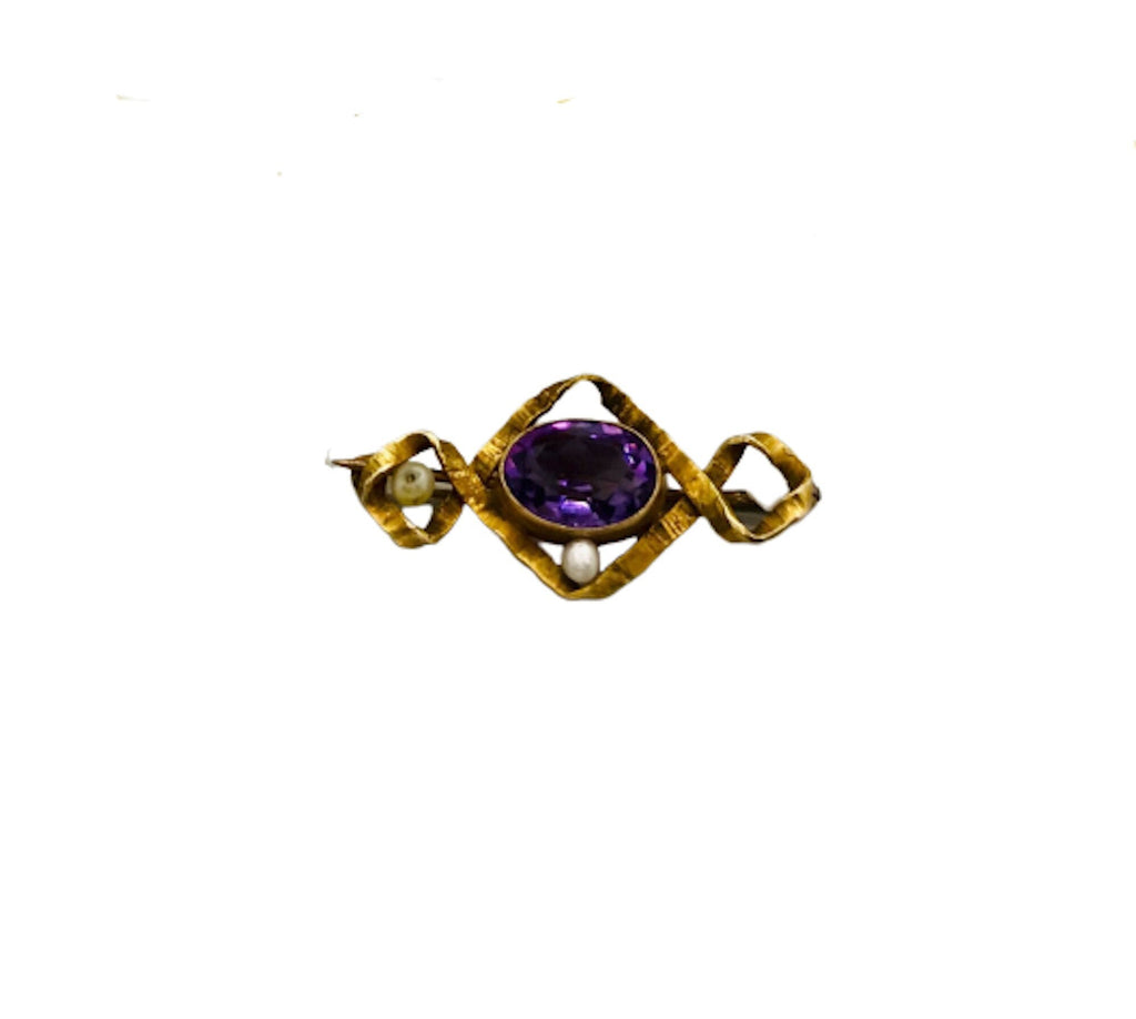 Antique 10K Gold Amethyst Pin with Baroque Pearls