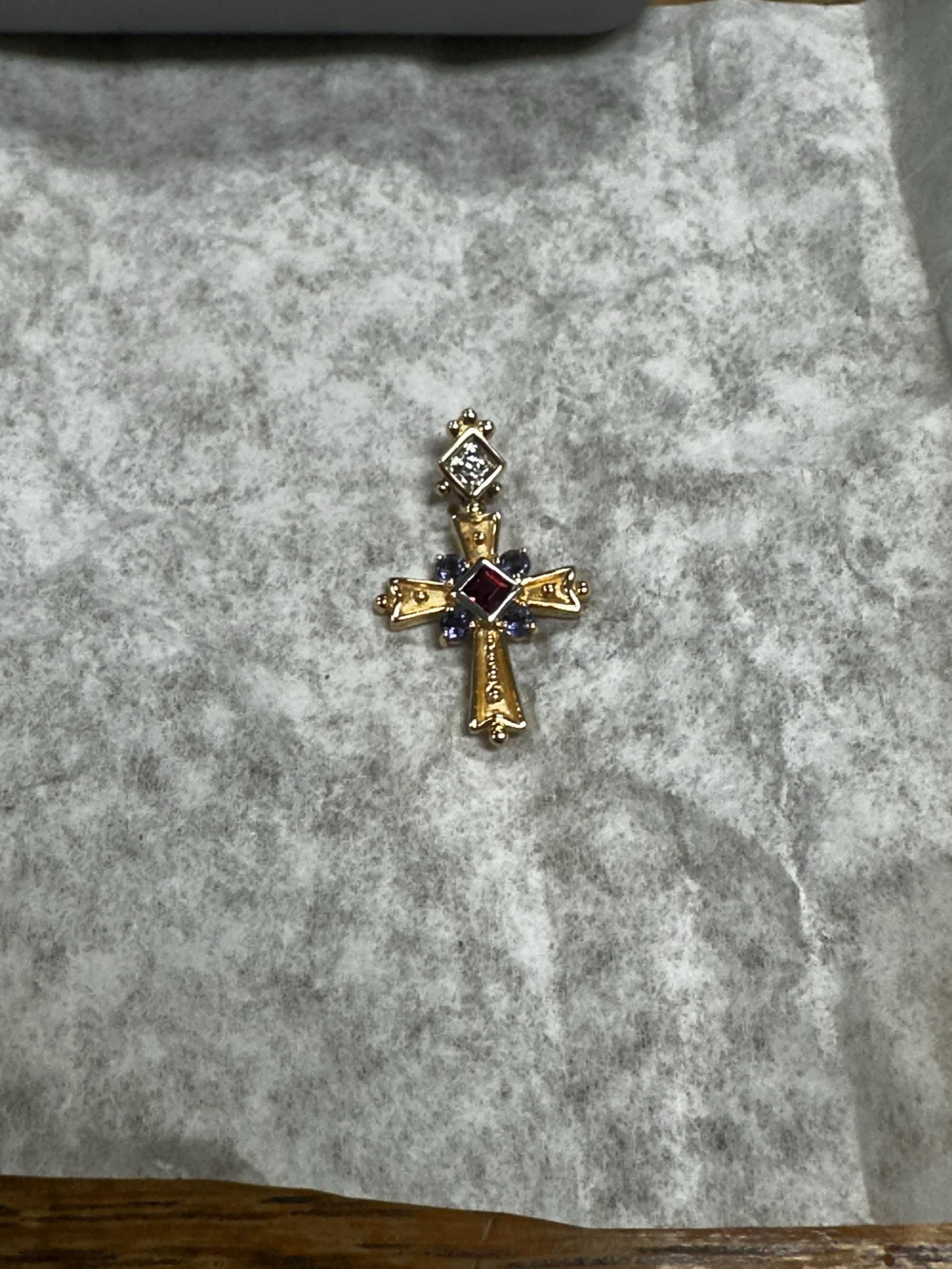 Vintage 14K Yellow Gold Cross Pendant: Pink Tourmaline, Tanzanite & Diamond