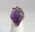 1970s Carved Amethyst Diamond Ring: 14k Gold Statement Ring, Size 6.5