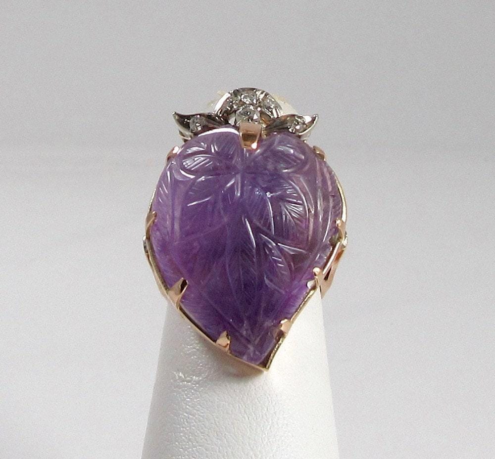 1970s Carved Amethyst Diamond Ring: 14k Gold Statement Ring, Size 6.5
