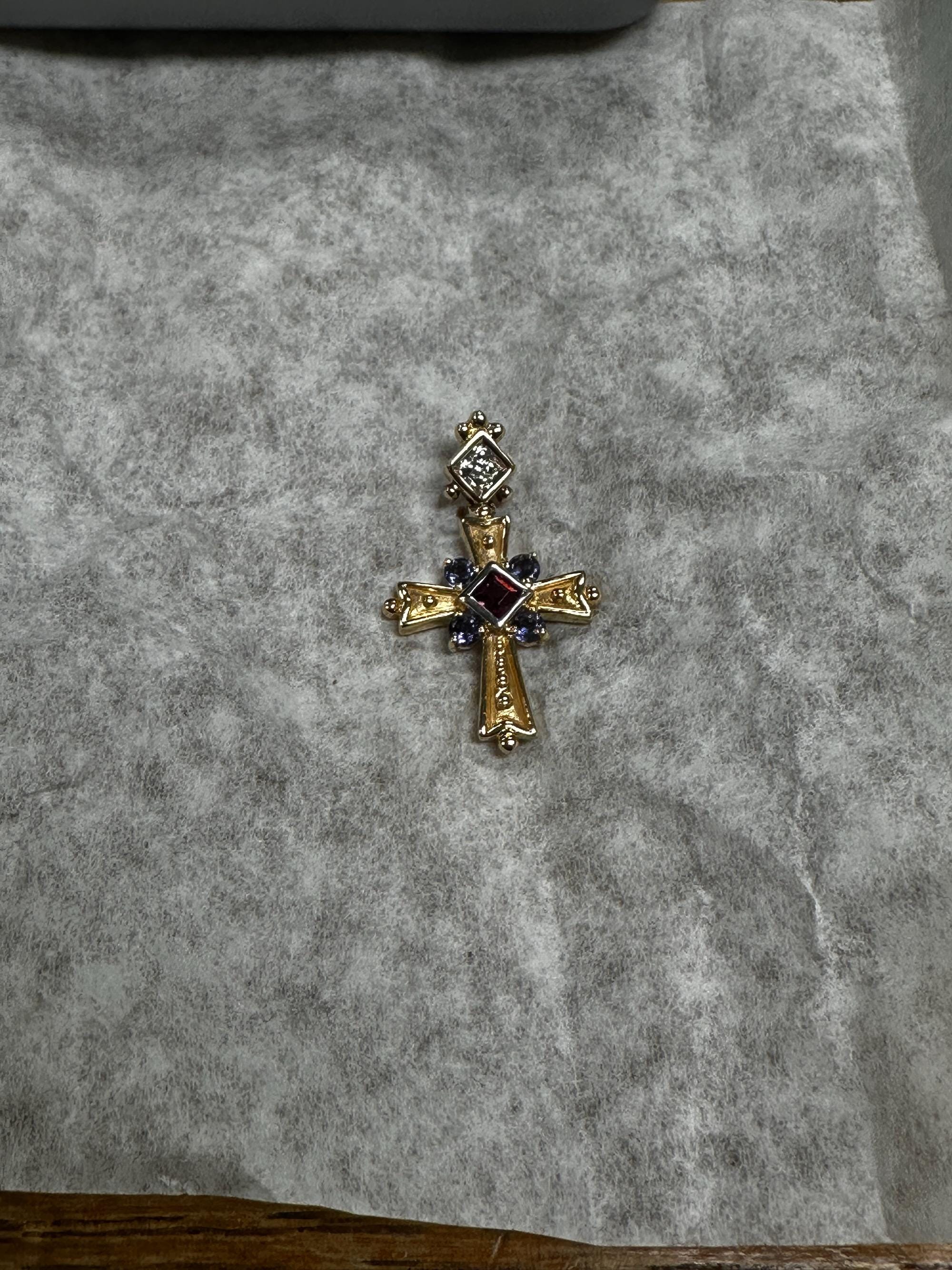 Vintage 14K Yellow Gold Cross Pendant: Pink Tourmaline, Tanzanite & Diamond