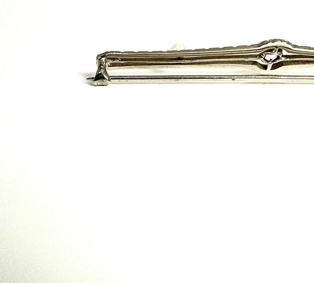 Elegant 10K White Gold Amethyst & Pearl Pin, Edwardian Style Amethyst Brooch