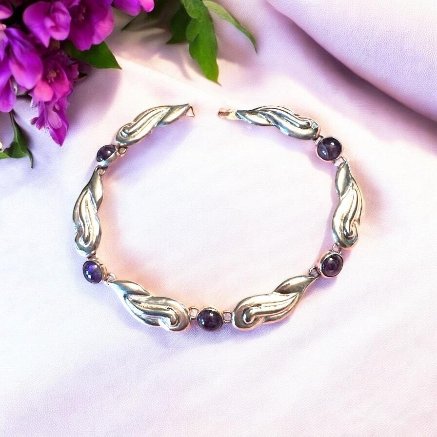 Sculptural Sterling Silver and Cabochon Amethyst Choker Necklace