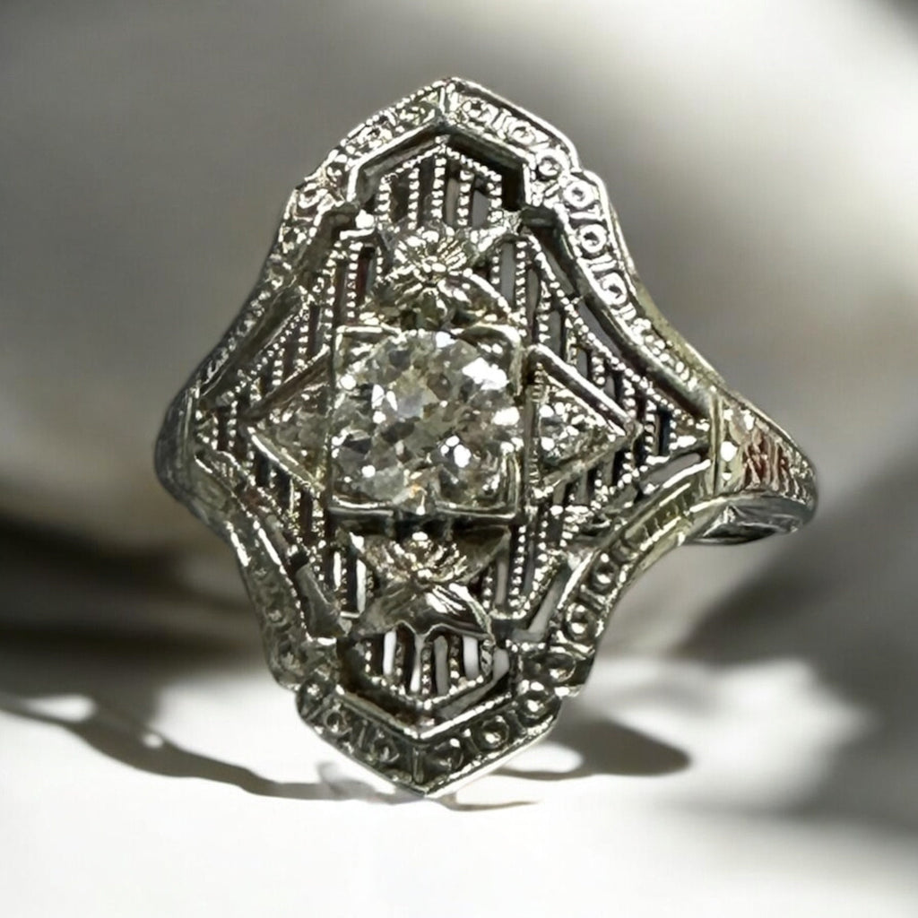 18K White Gold Diamond Filigree Ring: Edwardian Antique Jewelry