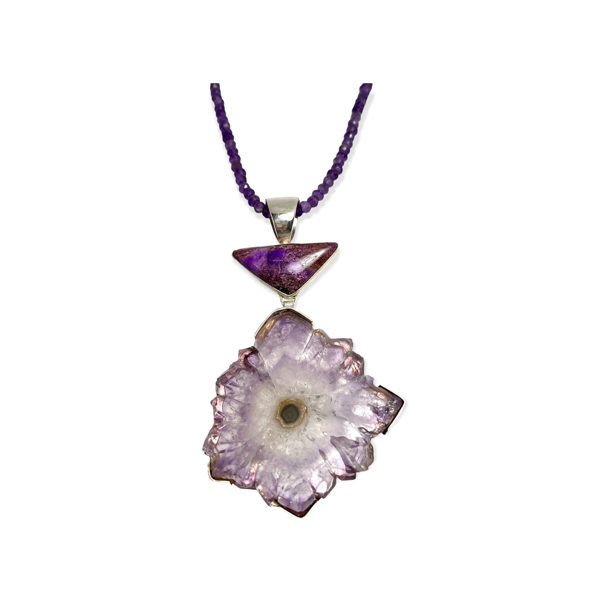 Vintage Sterling Silver Amethyst Stalactite Slice Pendant with Sugilite