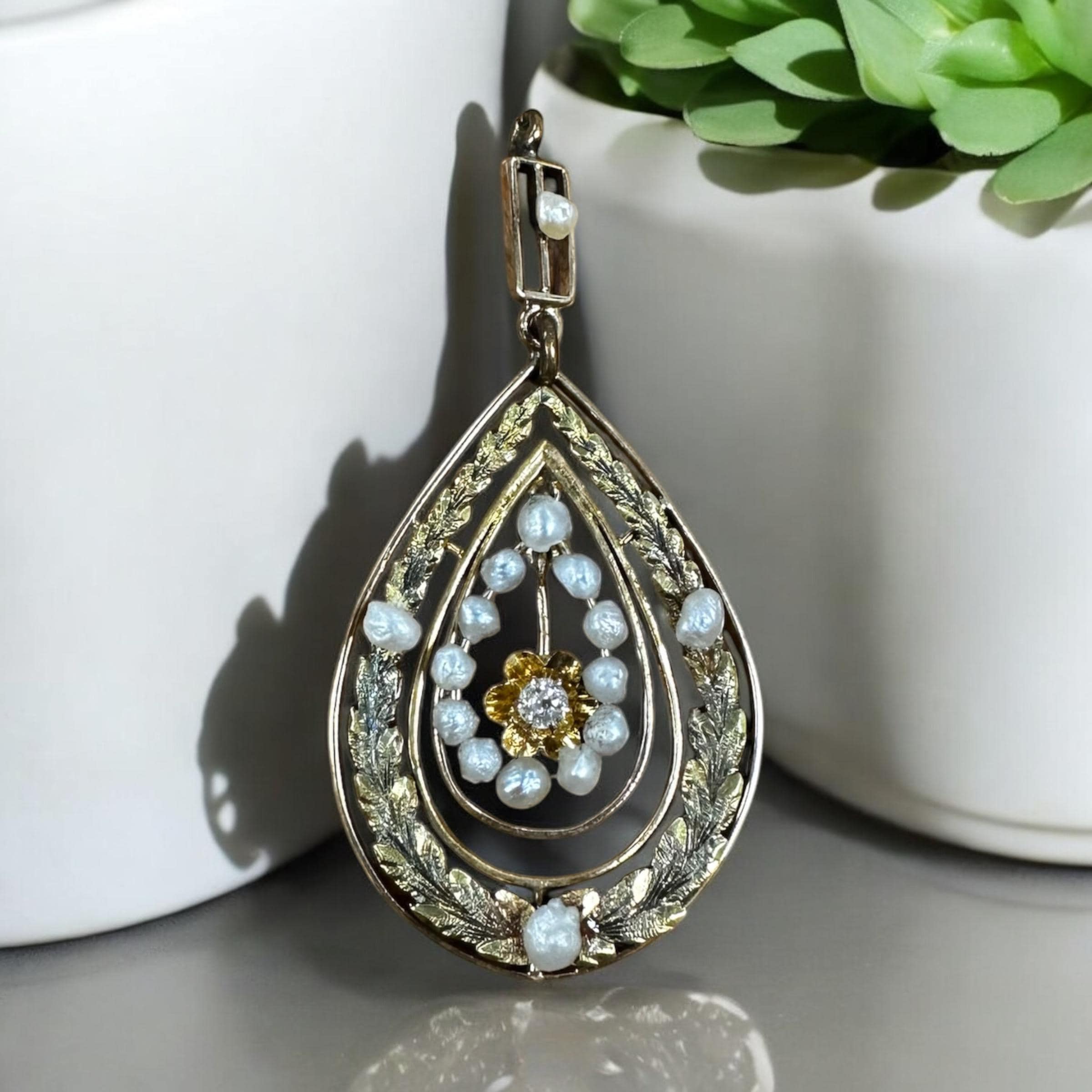 Elegant 14K Yellow & Green Gold Diamond Pearl Pendant, Antique Edwardian Jewelry