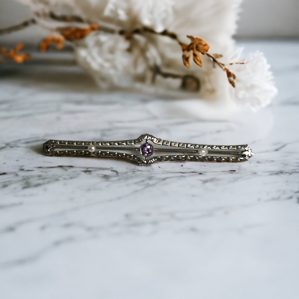 Elegant 10K White Gold Amethyst & Pearl Pin, Edwardian Style Amethyst Brooch