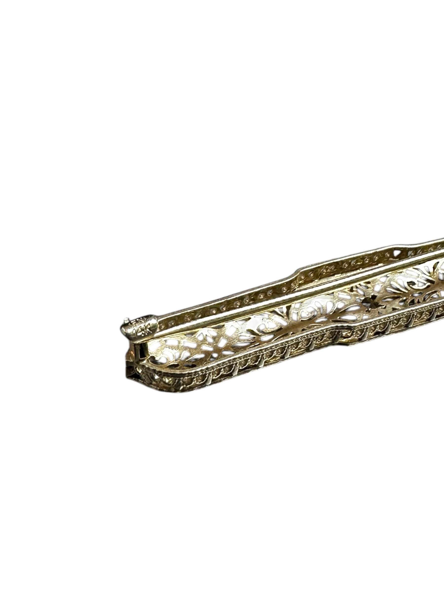 Elegant Edwardian Diamond Filigree Bar Pin in 14K White Gold