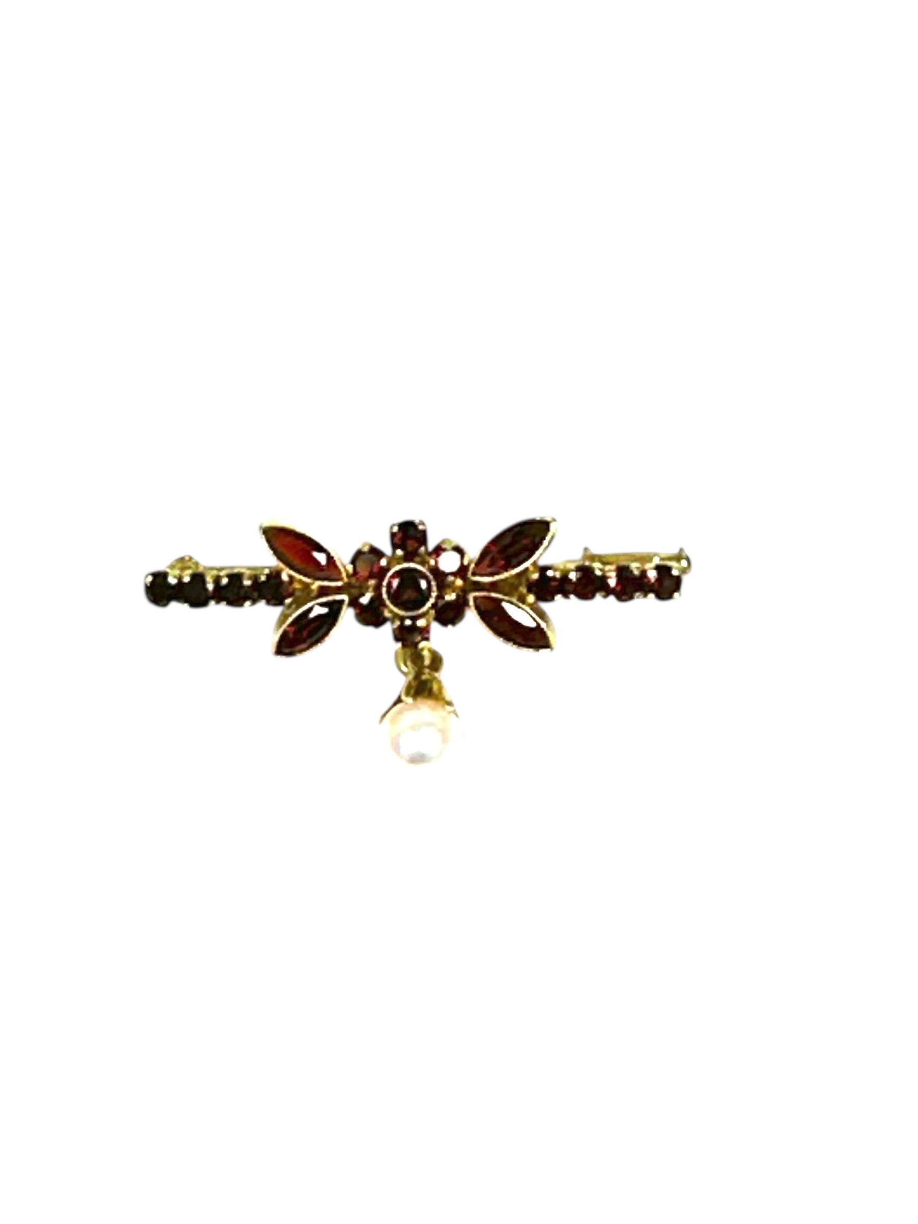 14K Yellow Gold Garnet Bar Pin with Cultured Pearl Drop in Floral Design
