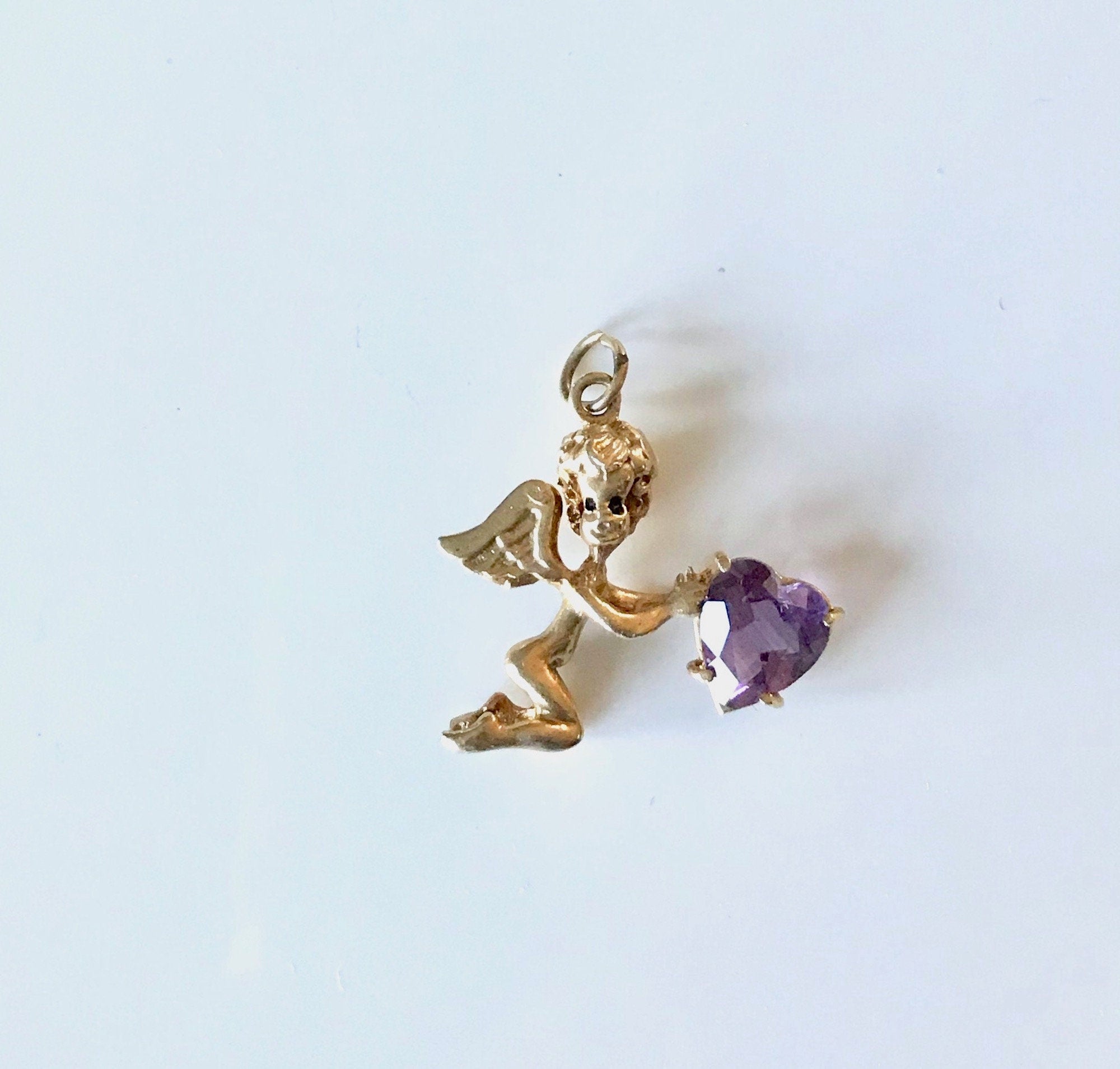 14k Yellow Gold Angel Pendant: Vintage Amethyst Heart, February Birthstone