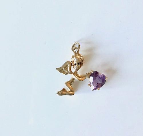 14k Yellow Gold Angel Pendant: Vintage Amethyst Heart, February Birthstone