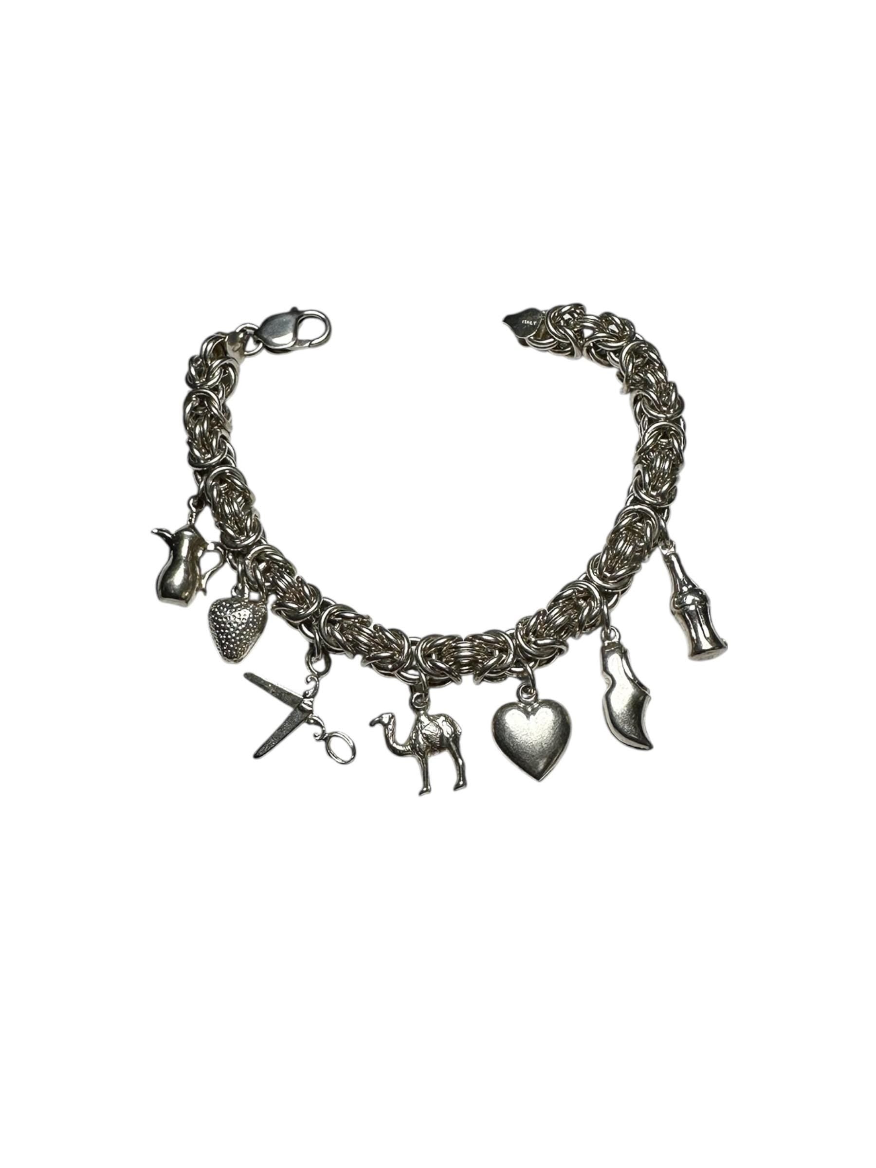 Vintage Sterling Silver Byzantine Bracelet with Charms: Soda, Shoe, Heart, Camel