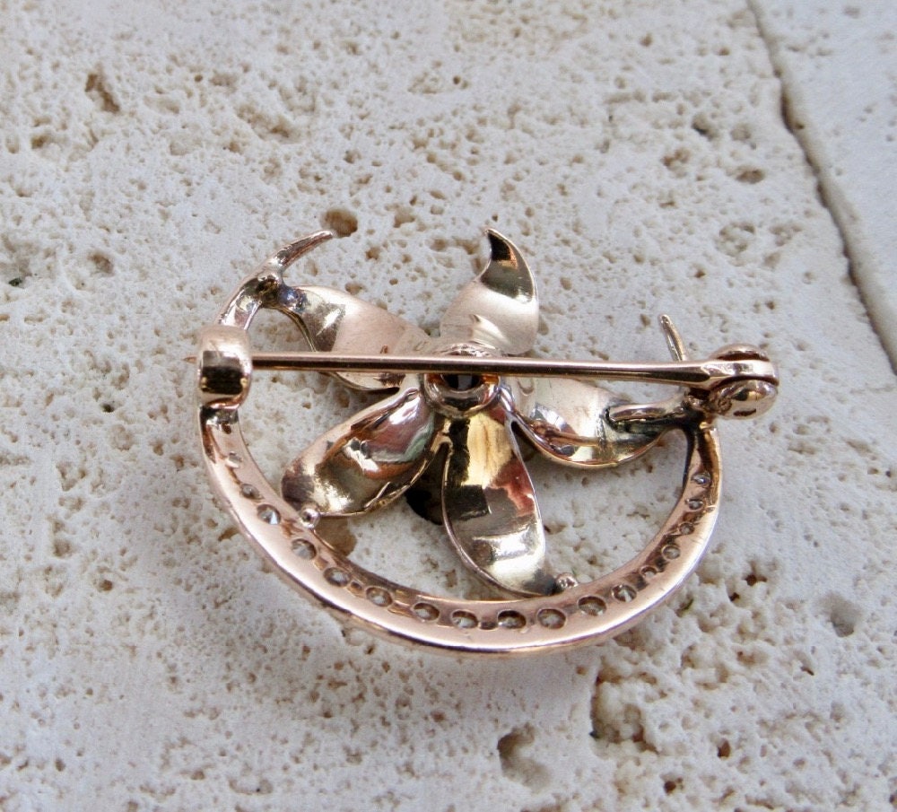 Antique Diamond & Pearl Crescent Star Pin: Victorian 14k Gold