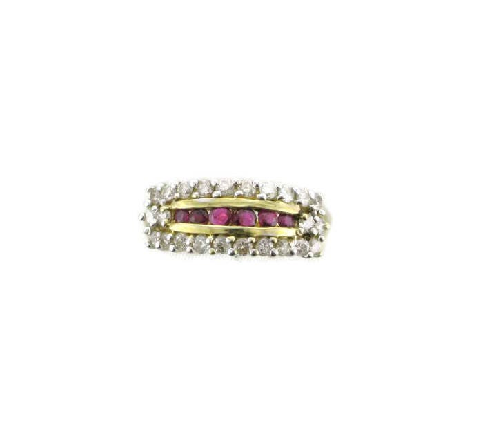 14K Yellow Gold Ruby Diamond Stacking Ring, Estate Vintage Straight Line Band