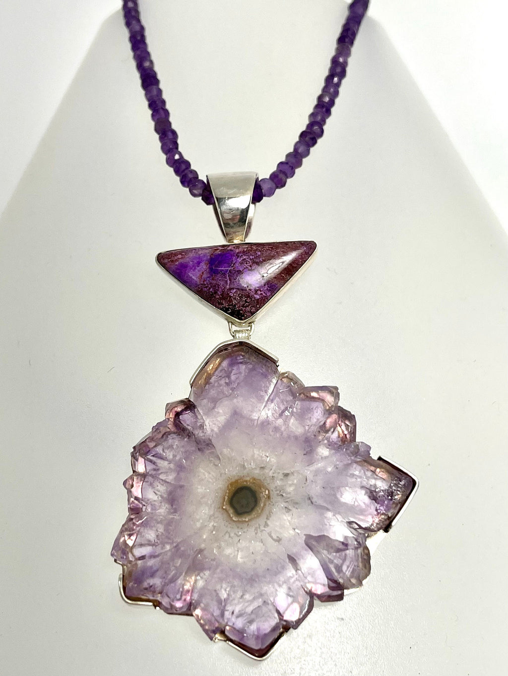 Vintage Sterling Silver Amethyst Stalactite Slice Pendant with Sugilite
