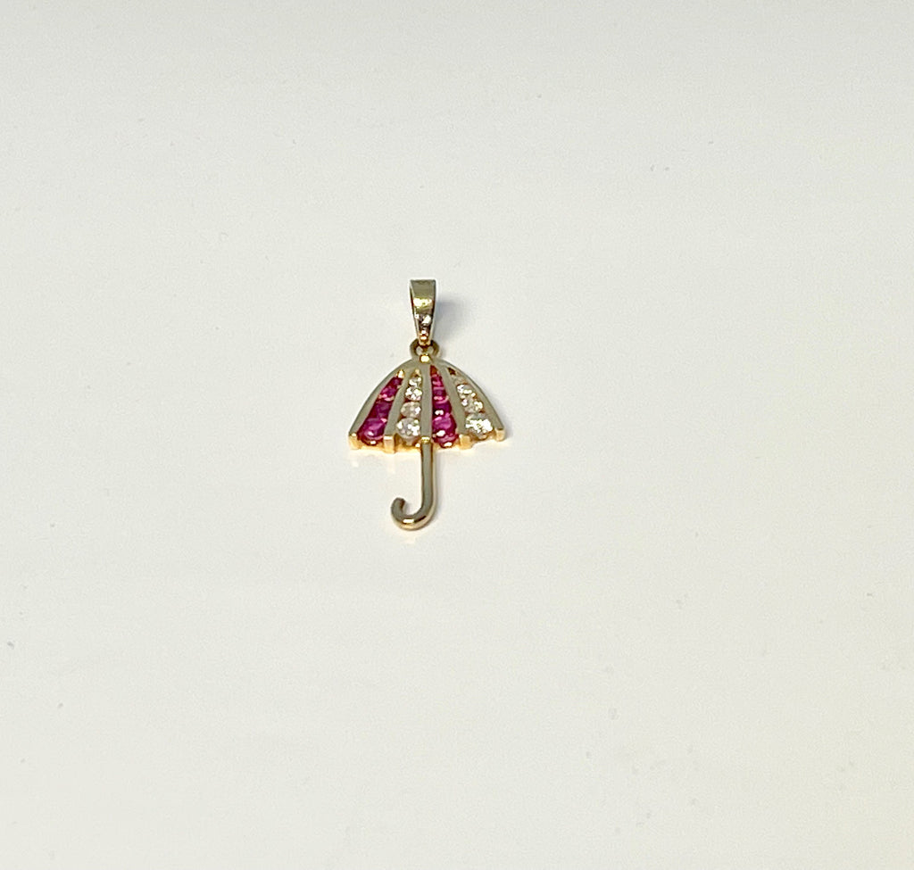 14k Yellow Gold Umbrella Pendant: Ruby and Diamond Charm