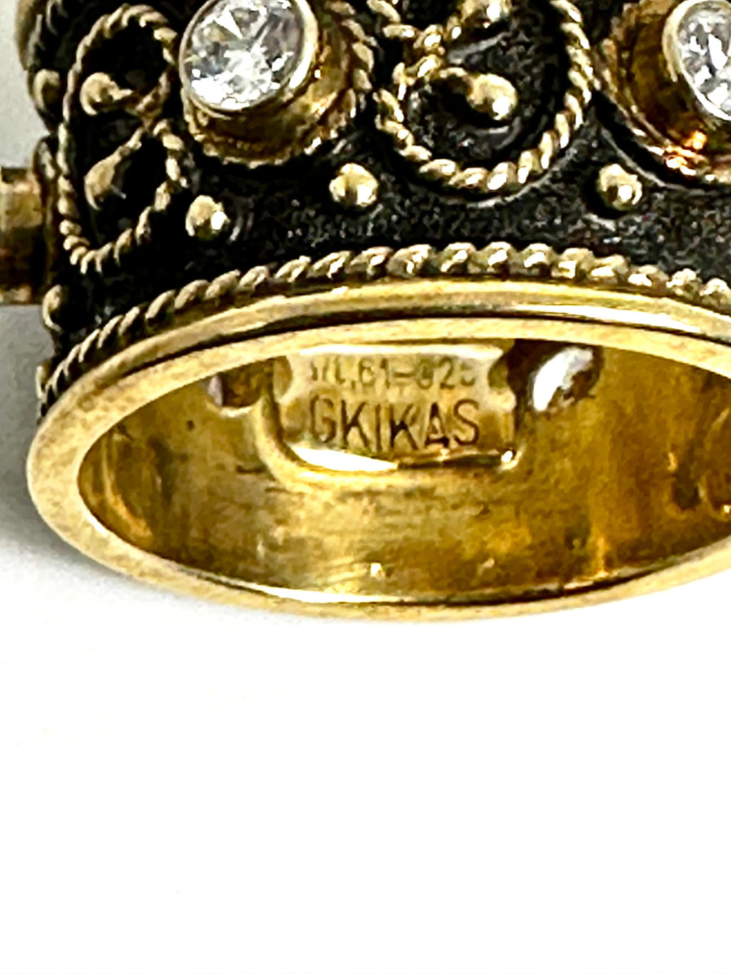 Hand Crafted Oxidized Sterling Silver Ring with Gold Plated Accents and Cubic Zirconia