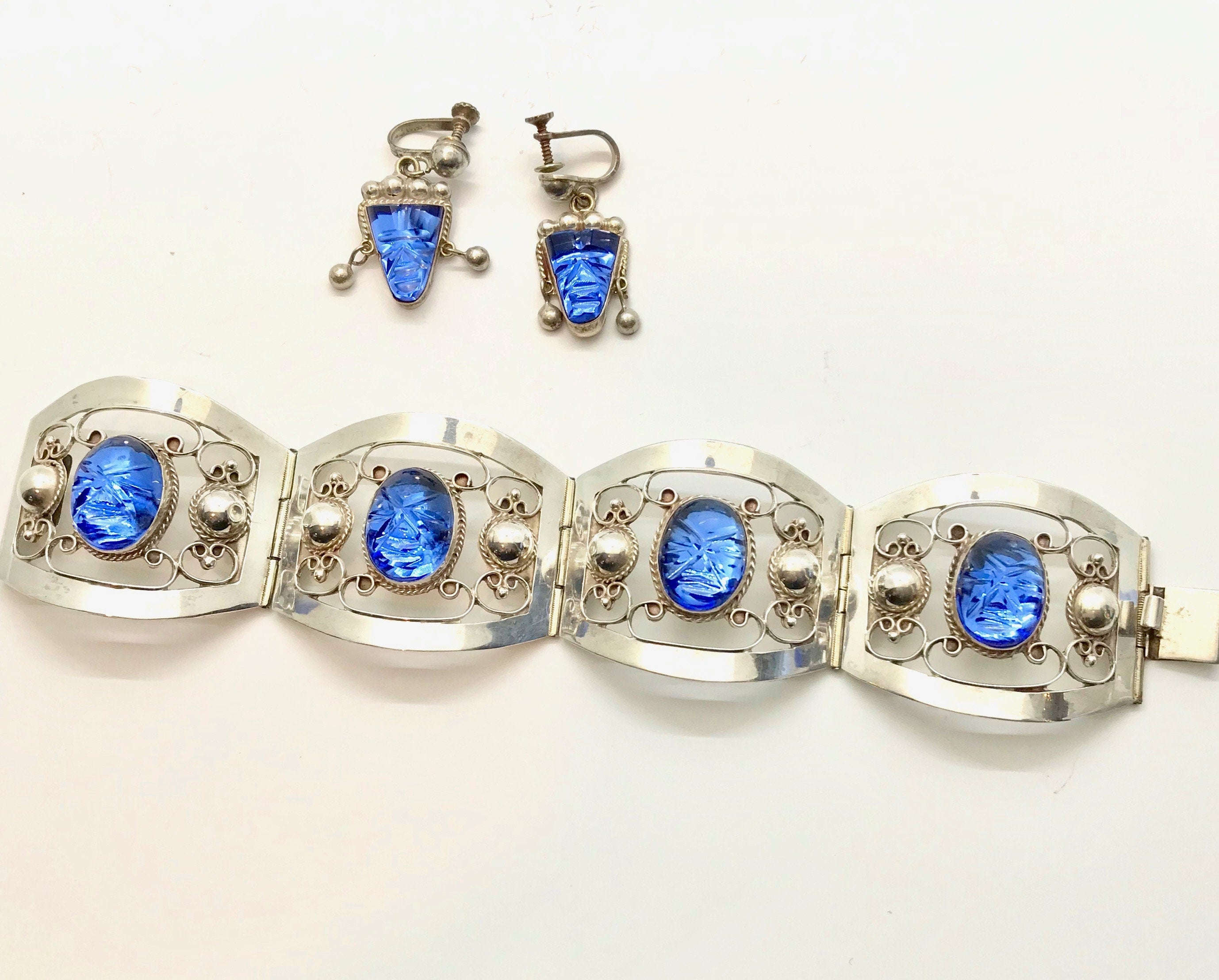 Sterling Silver Mexican Bracelet & Earring Set: Blue Carved Glass Filigree