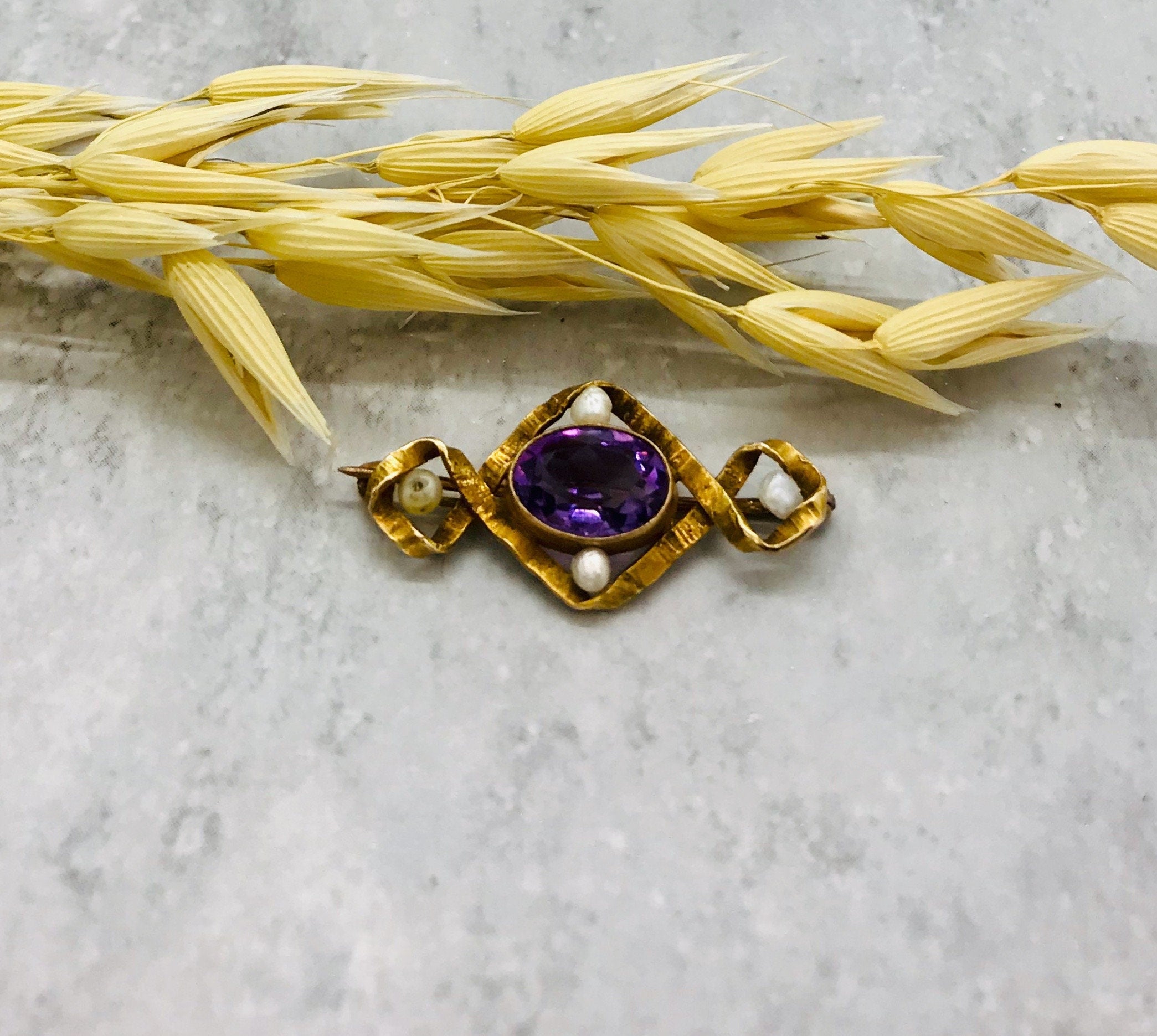 Antique 10K Gold Amethyst Pin with Baroque Pearls