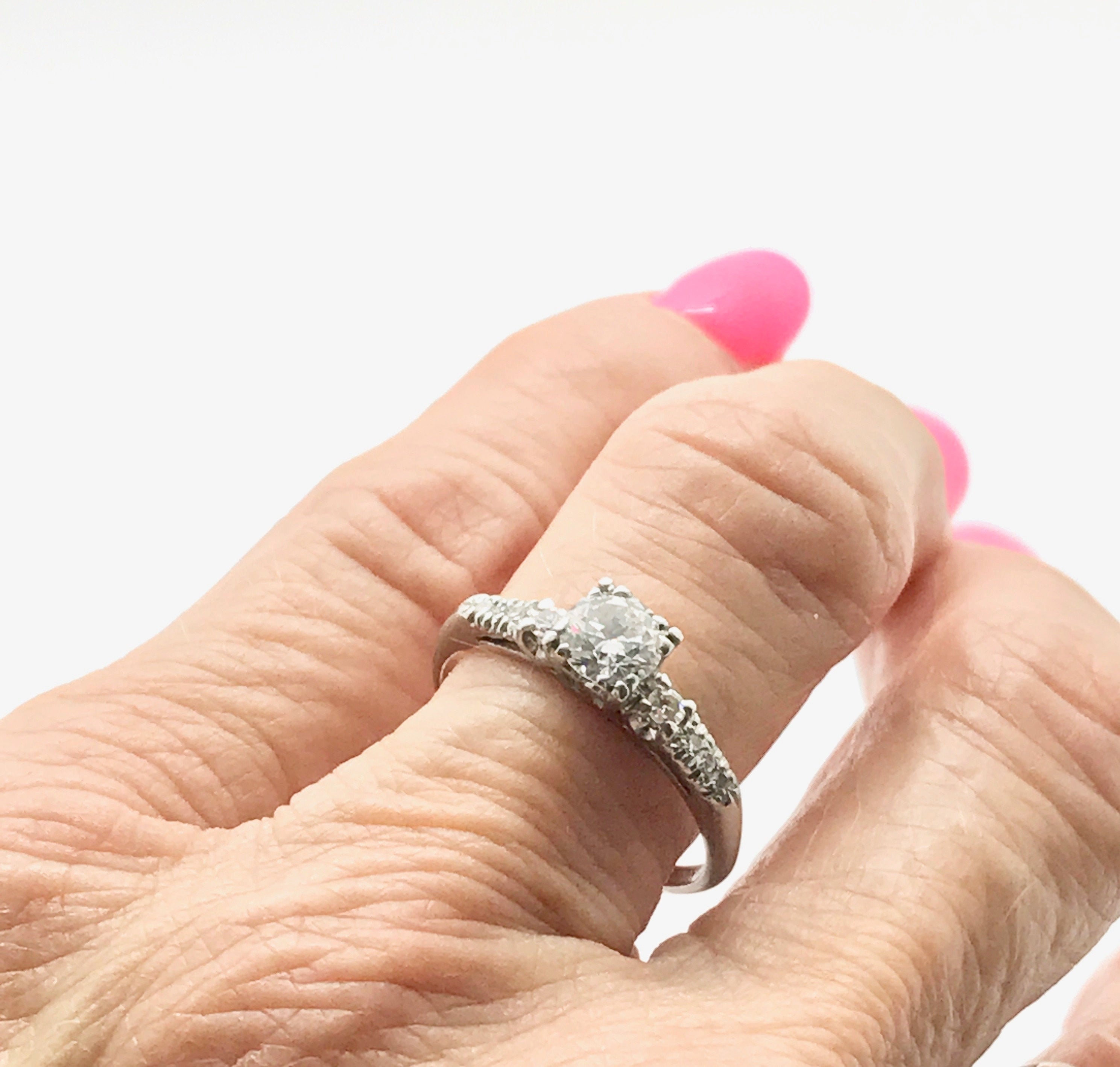 Half Carat Diamond Platinum Engagement Ring: Mid Century Vintage Style