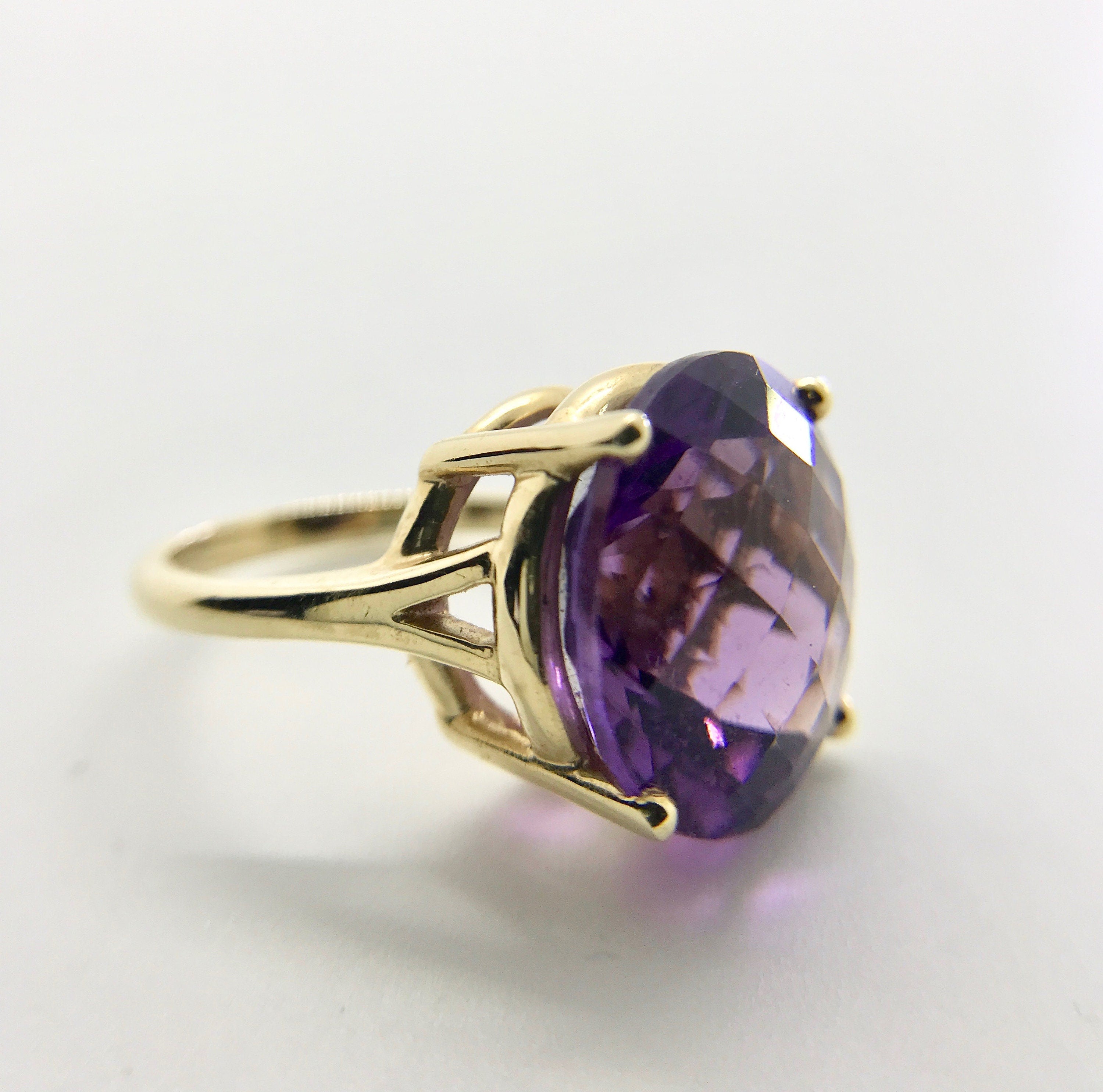 Yellow Gold Vintage Amethyst Ring - Checkerboard Faceted Gemstone
