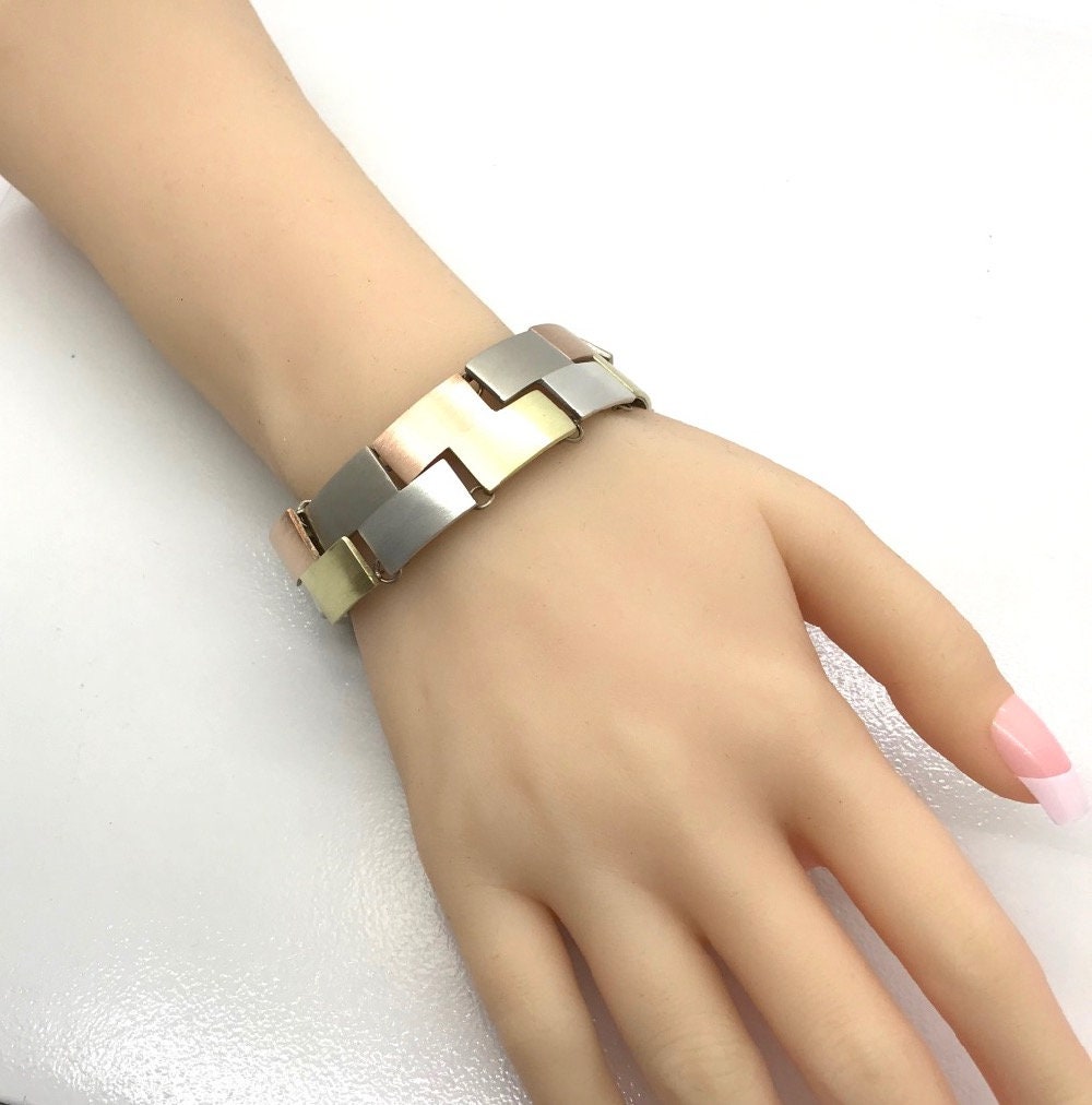 Mixed Metal Necklace Bracelet Earring Set: Sterling Silver, Brass & Copper