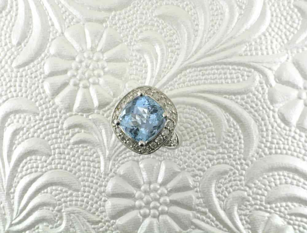 Vintage Aquamarine Diamond Halo Ring, 14k White Gold Cocktail Ring