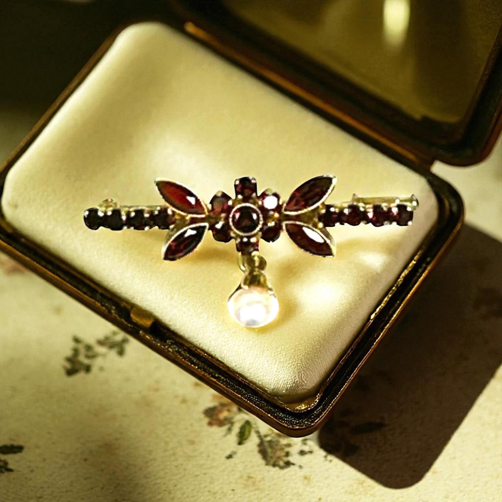 14K Yellow Gold Garnet Bar Pin with Cultured Pearl Drop in Floral Design