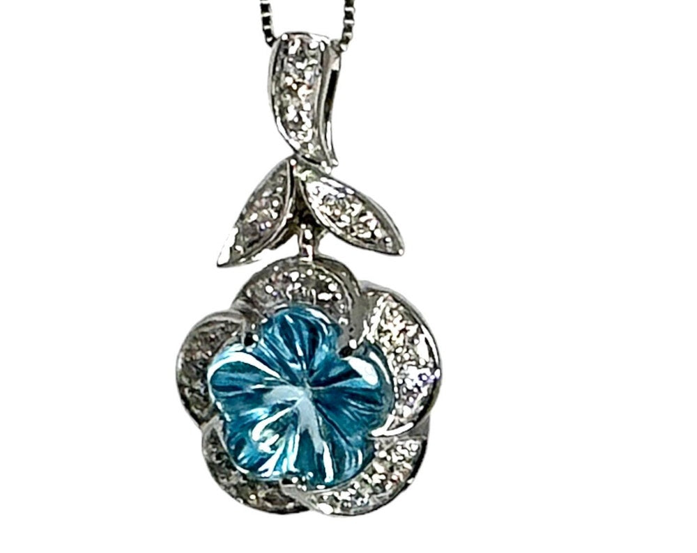 14K White Gold Flower-Cut Blue Topaz Diamond Necklace