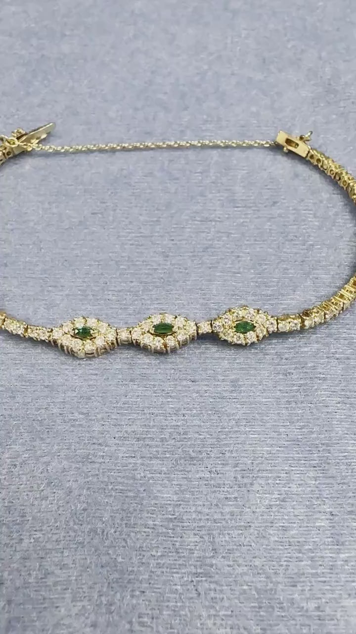Luxurious Marquise Cut Emerald and Diamond Gold Bracelet
