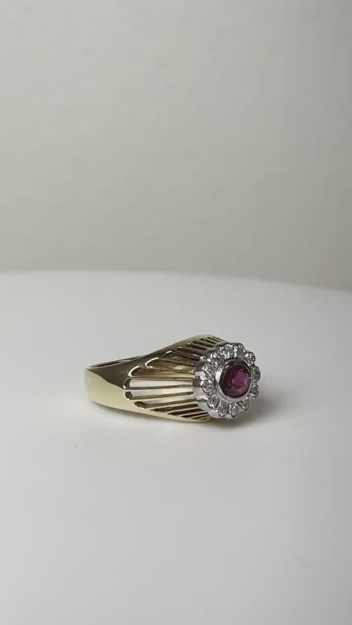 Vintage 14K Yellow Gold Ruby and Diamond Ring, Elevated Ruby Setting